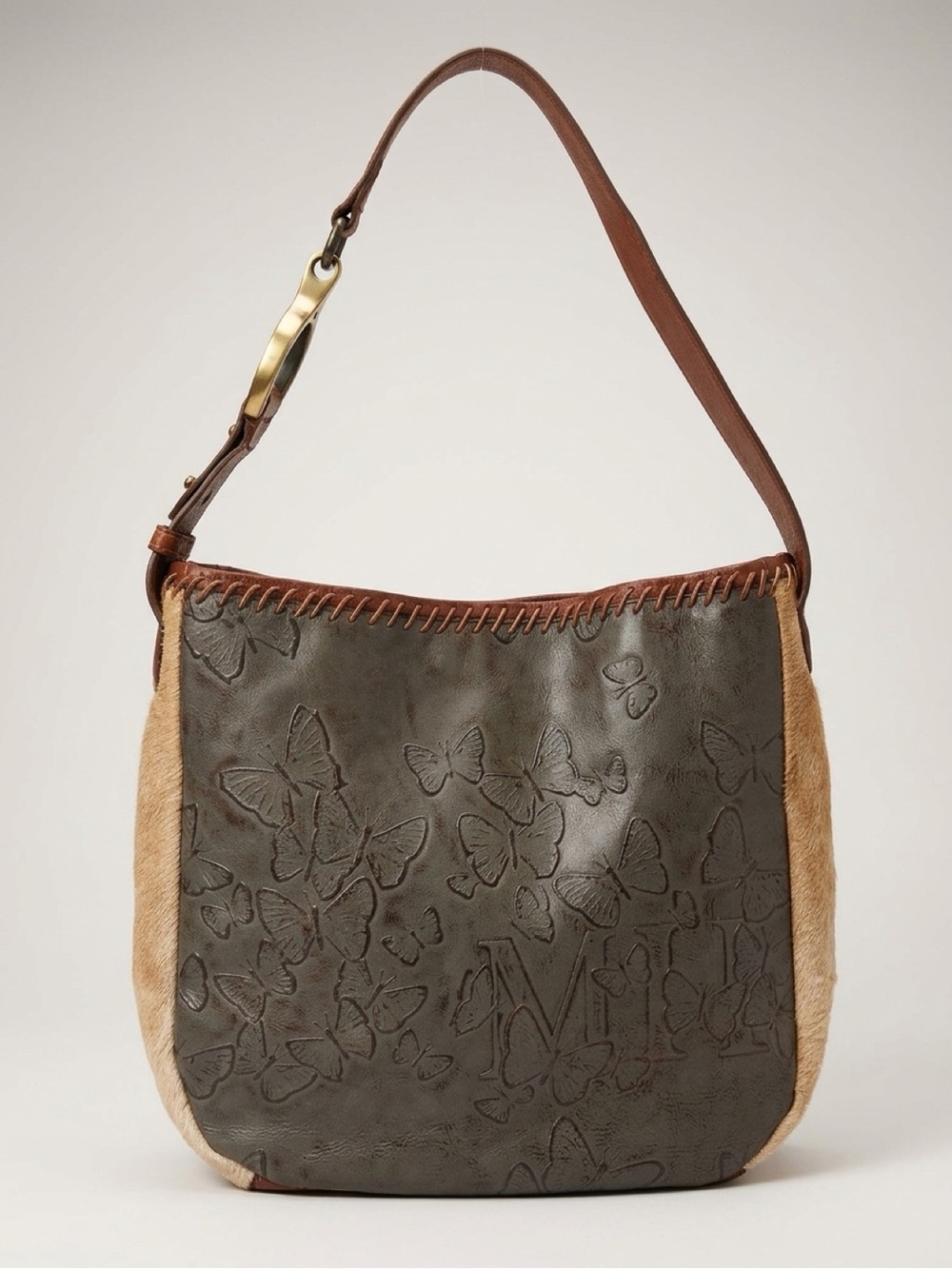 Butterfly-Embossed Hobo Bag in Taupe and Tan